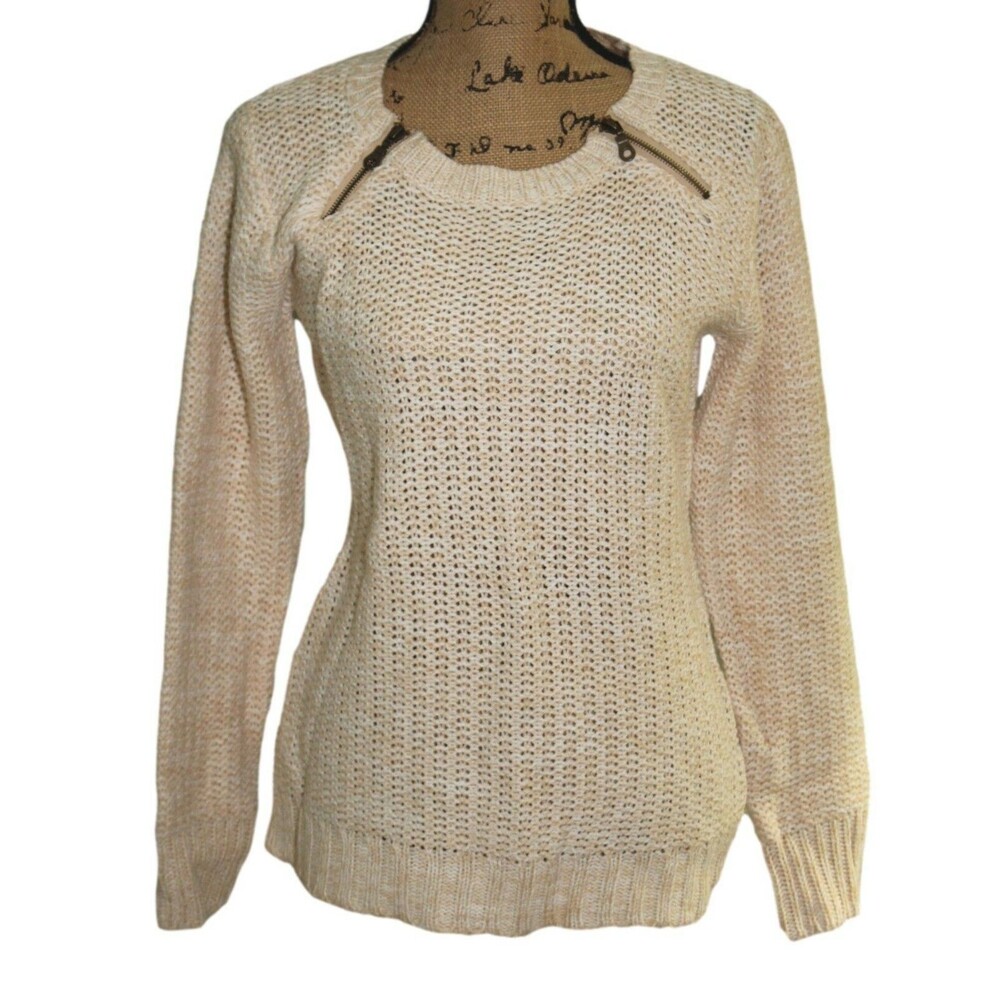 Boutique Designer Women's Ginger Jar Cream beige Open Knit Zipper Accent Sweater